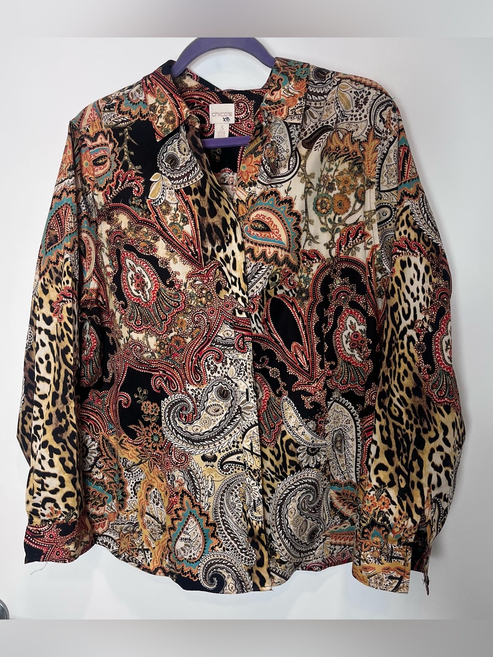 Chico's Paisley Leopard Print Blouse Button Front XL 3 Patterned Cotton‎